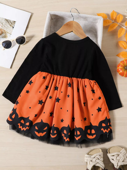 Children's Halloween Pumpkin Print Bowknot Long Sleeve Dress