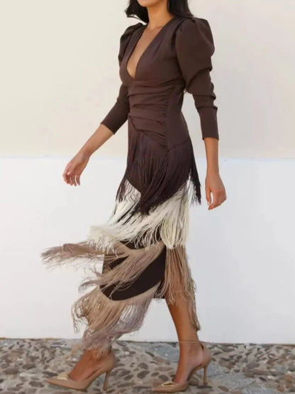 Fringed V-neck puff sleeve dress, view 16