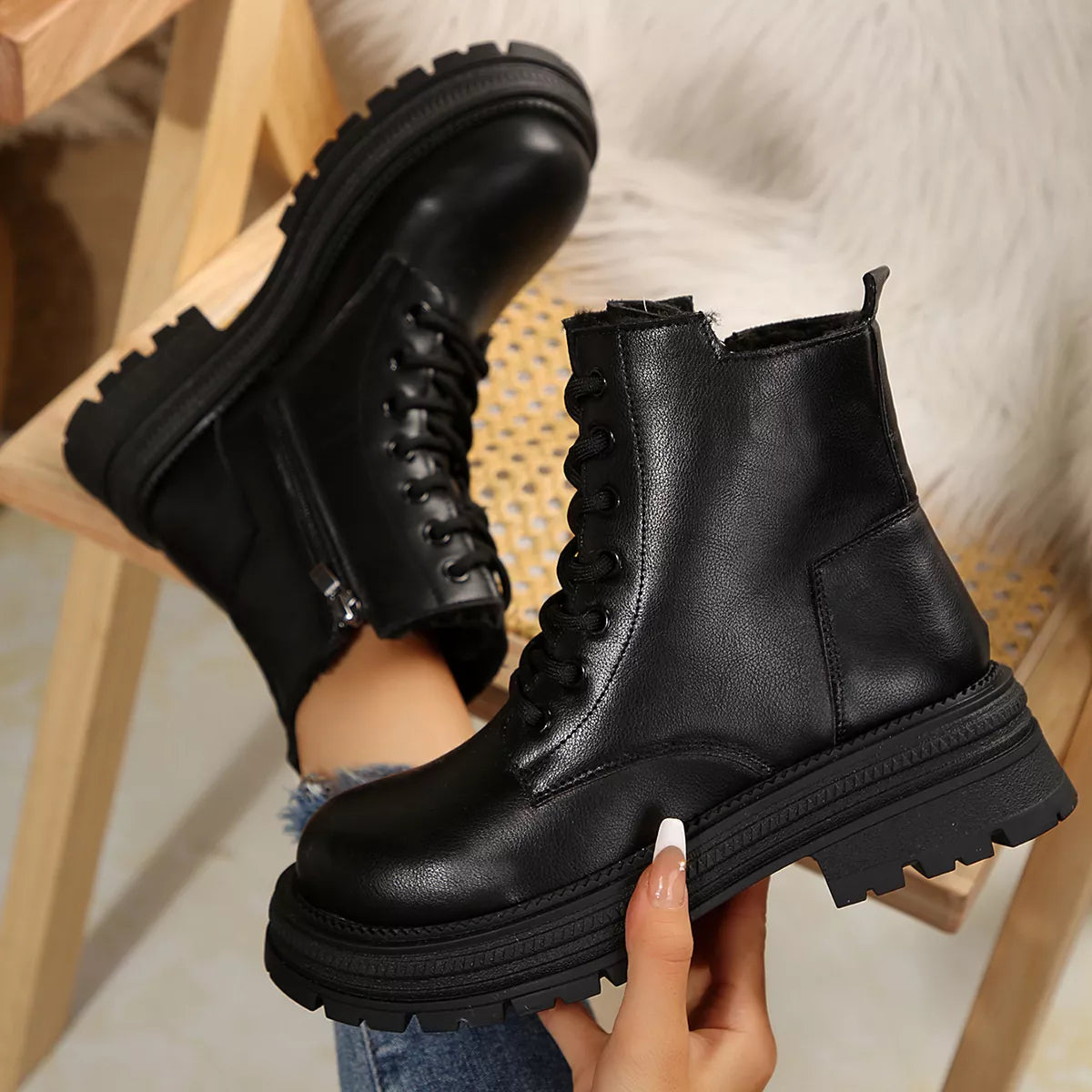 Lace Up Round Toe Platform Boots