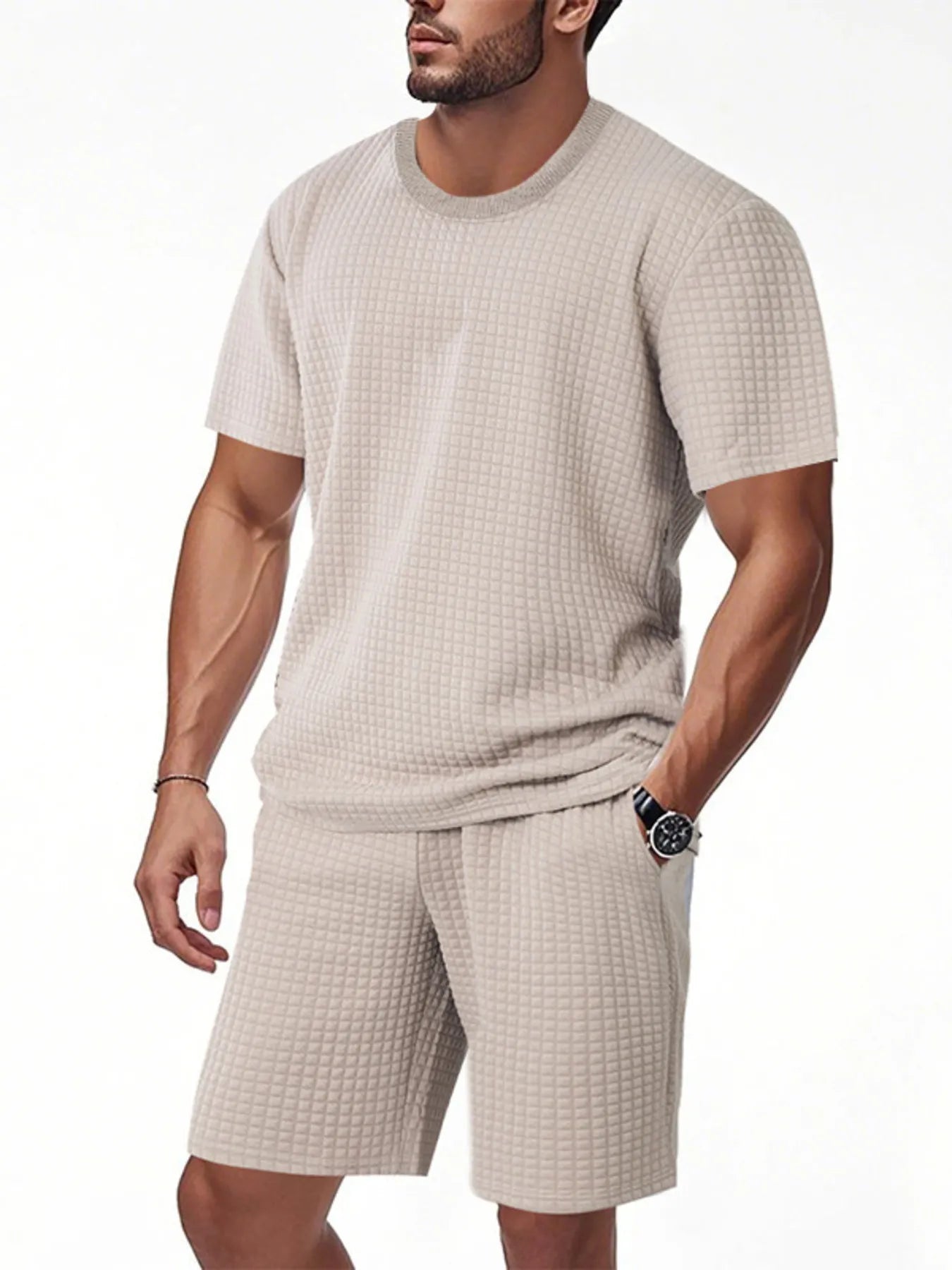Men's Textured Round Neck Top and Shorts Set