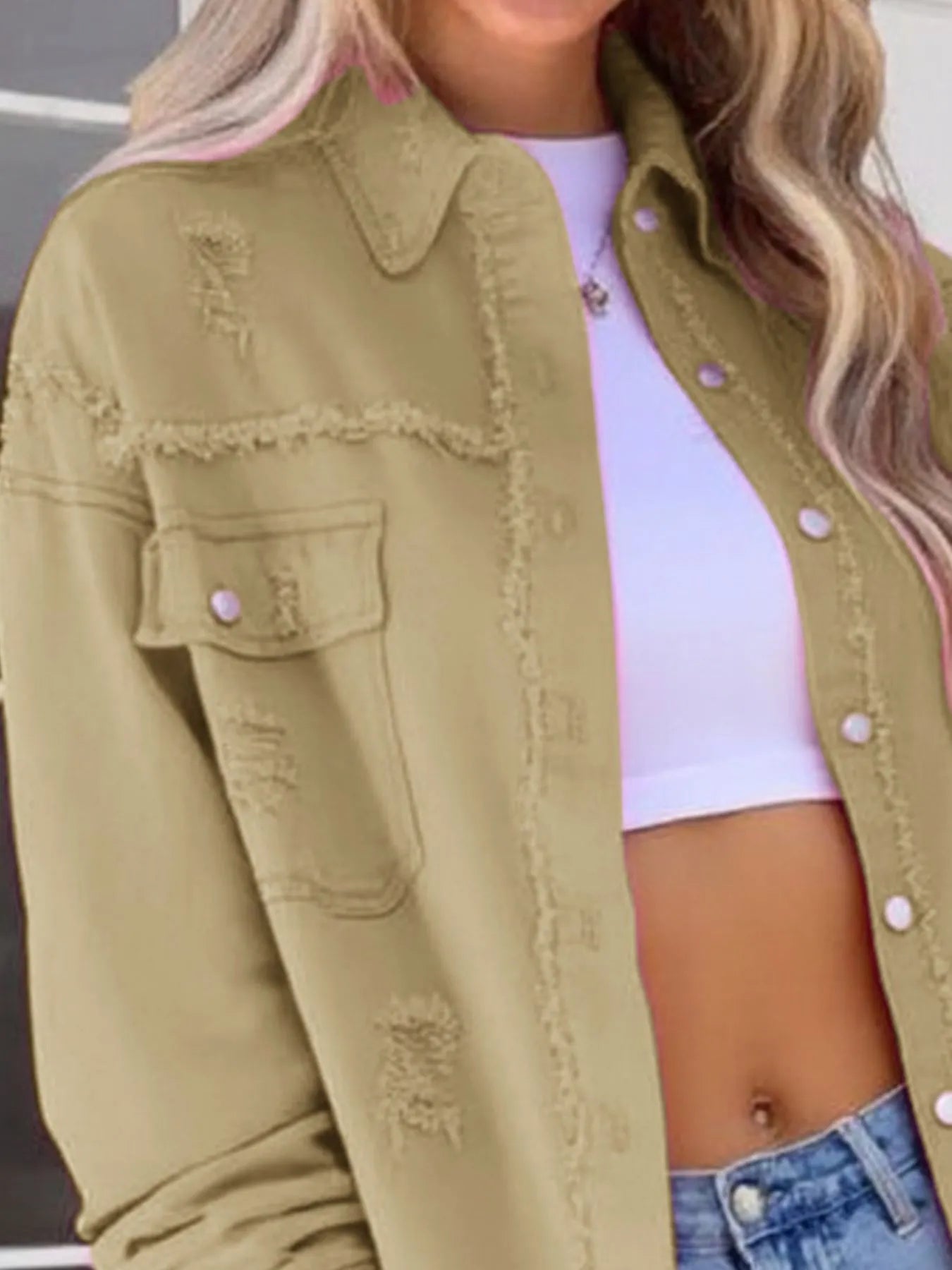 Distressed Denim Jacket with Frayed Edges