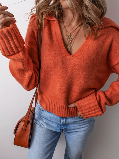 Collared V Neck Ribbed Edge Sweater