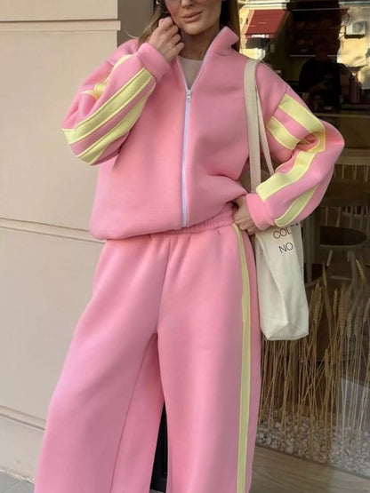 Contrast Striped Zip Up Top and Pants Set