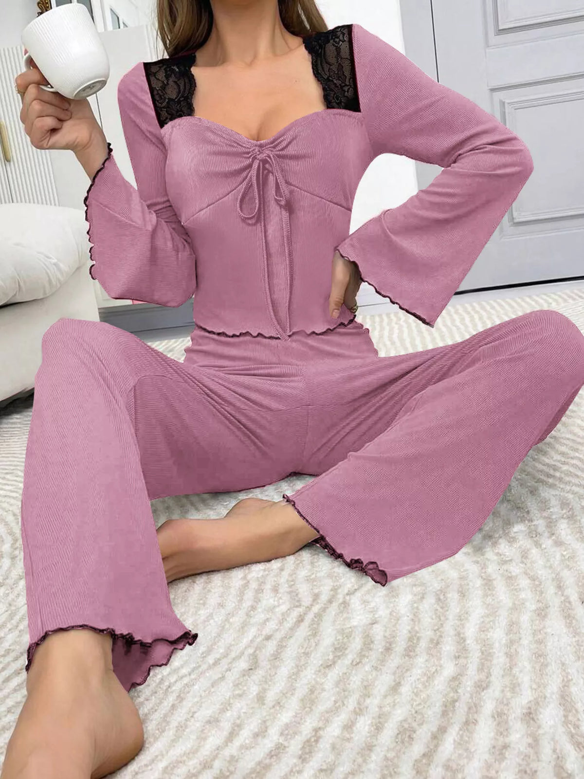 Lace Detail Flare Sleeves Top & Pants Lounge Set