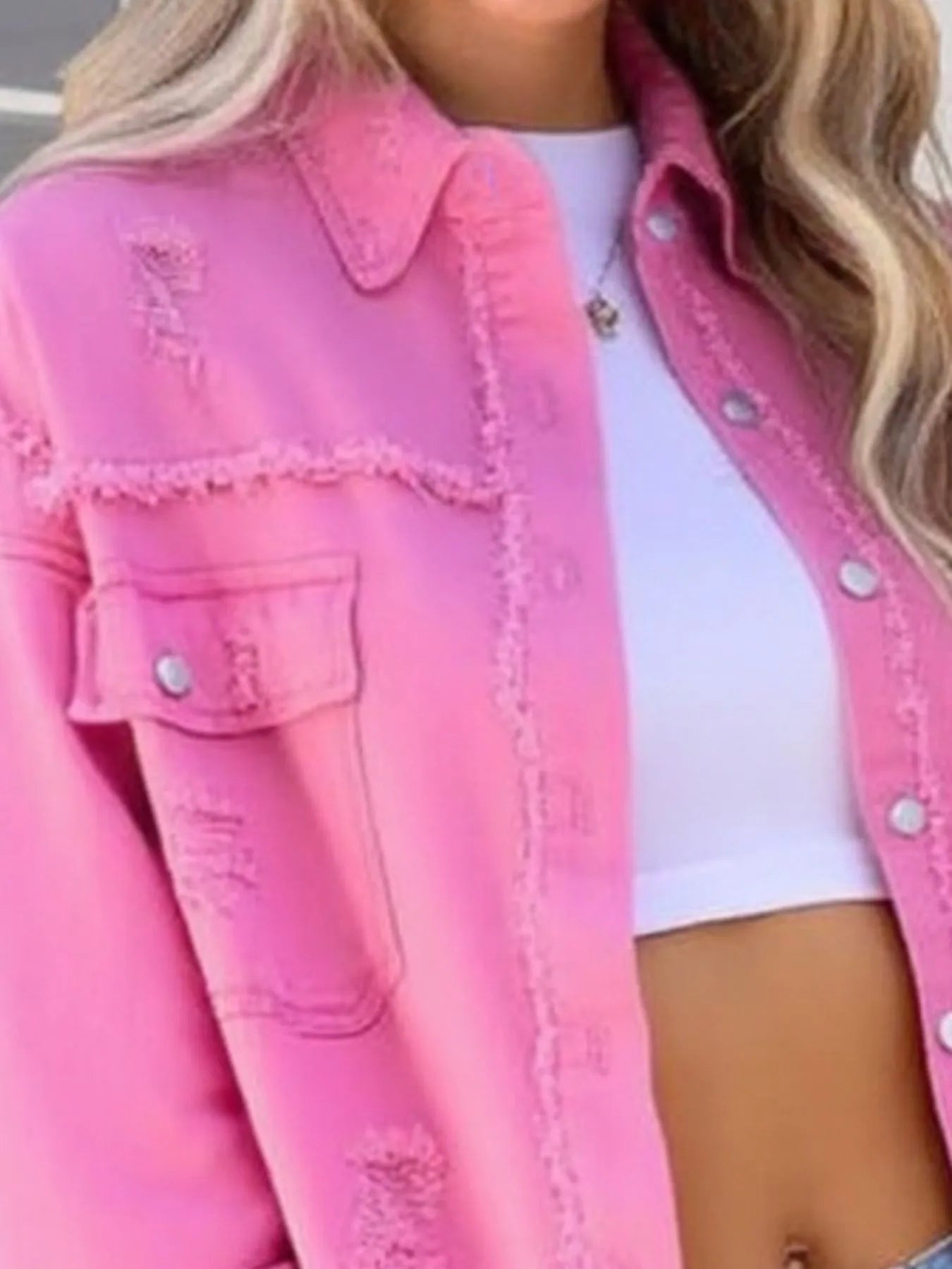 Distressed Denim Jacket with Frayed Edges