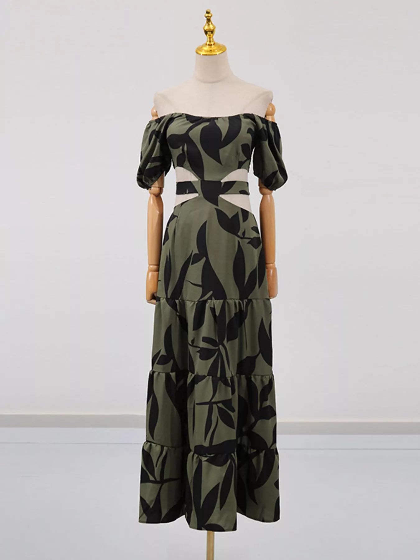 Off-Shoulder Cutout Leaf Print Dress