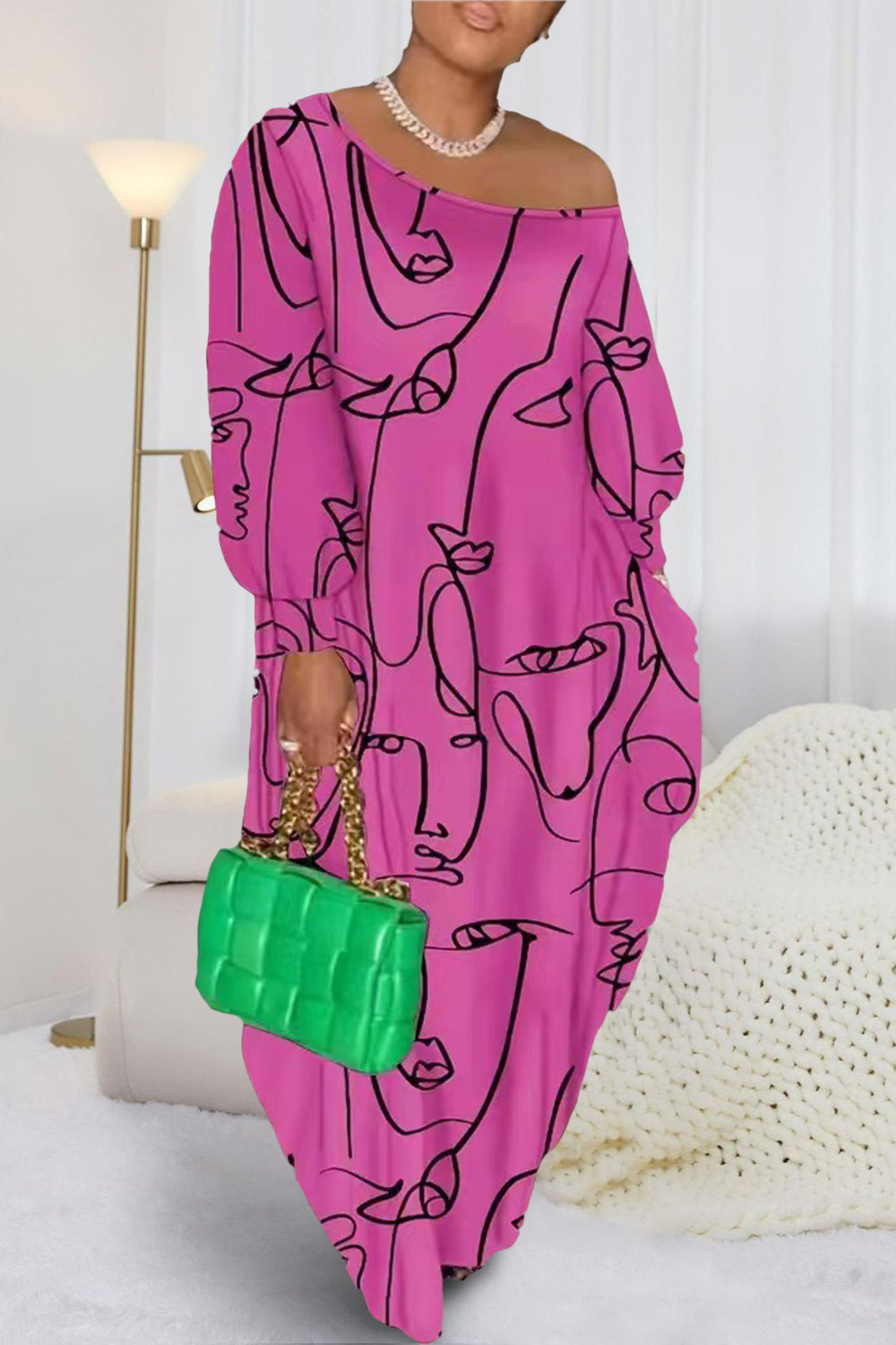 Printed Lantern Sleeve Maxi Dress