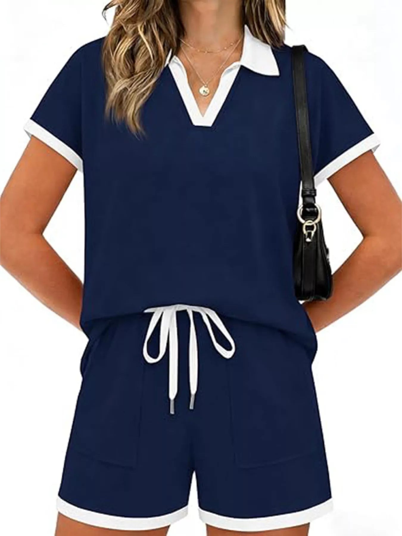 Polo Collar Short Sleeve Top and Shorts Set