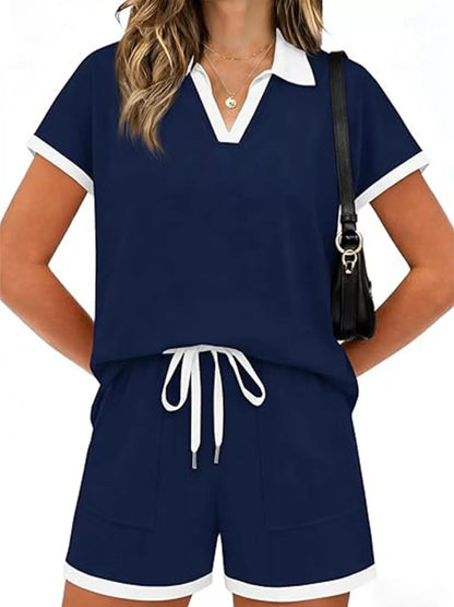 Polo Collar Short Sleeve Top and Shorts Set