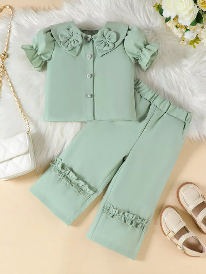 Children's Floral Decor Ruffle Trim Top & Pants Set