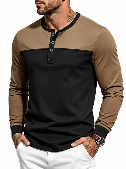 Men's Full Size Color-Block Long Sleeve Henley T-Shirt Plus Size