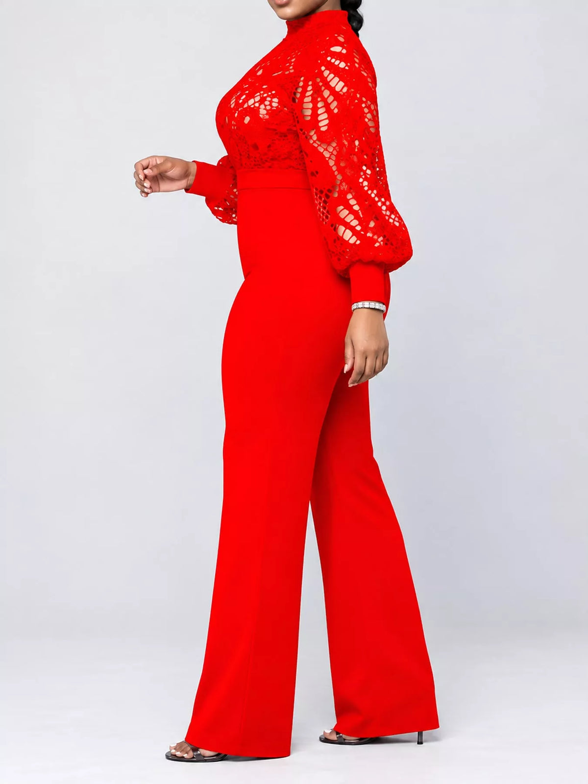 Plus Size Lace Lantern Sleeve Flare Jumpsuit