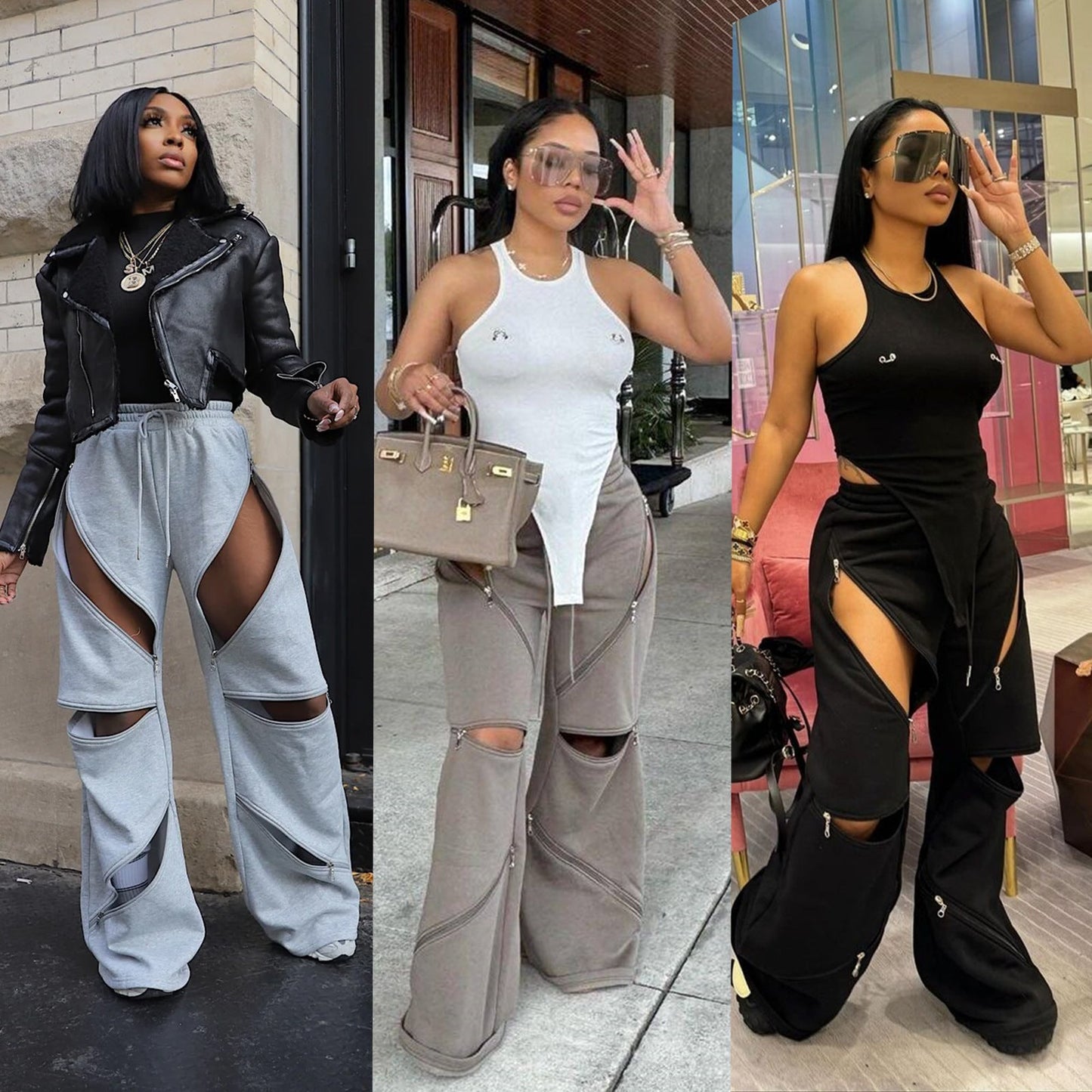 Splicing multiple zippers flared pants