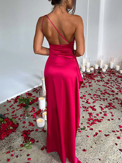 One Shoulder Satin Dress with High Slit