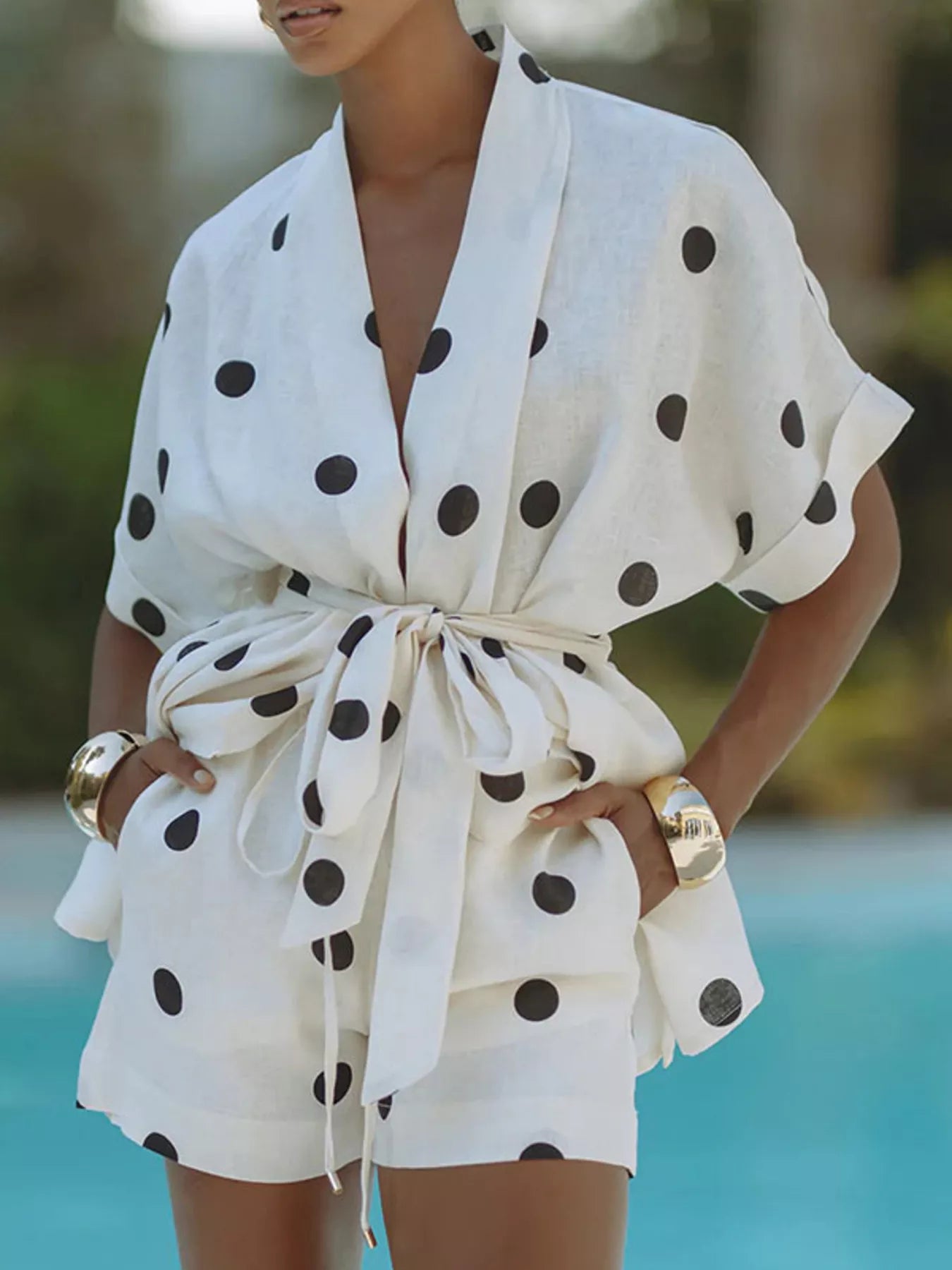 Polka Dot Tie Waist Top and Shorts Set