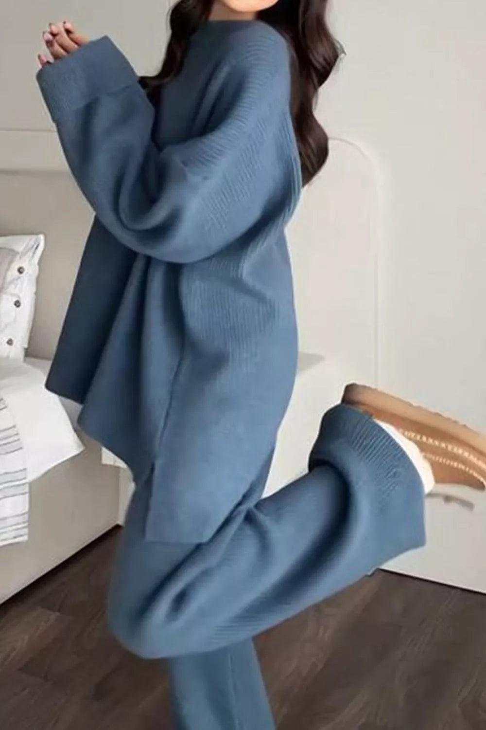 Dropped Shoulder Knit Sweater and Wide Leg Pants Set