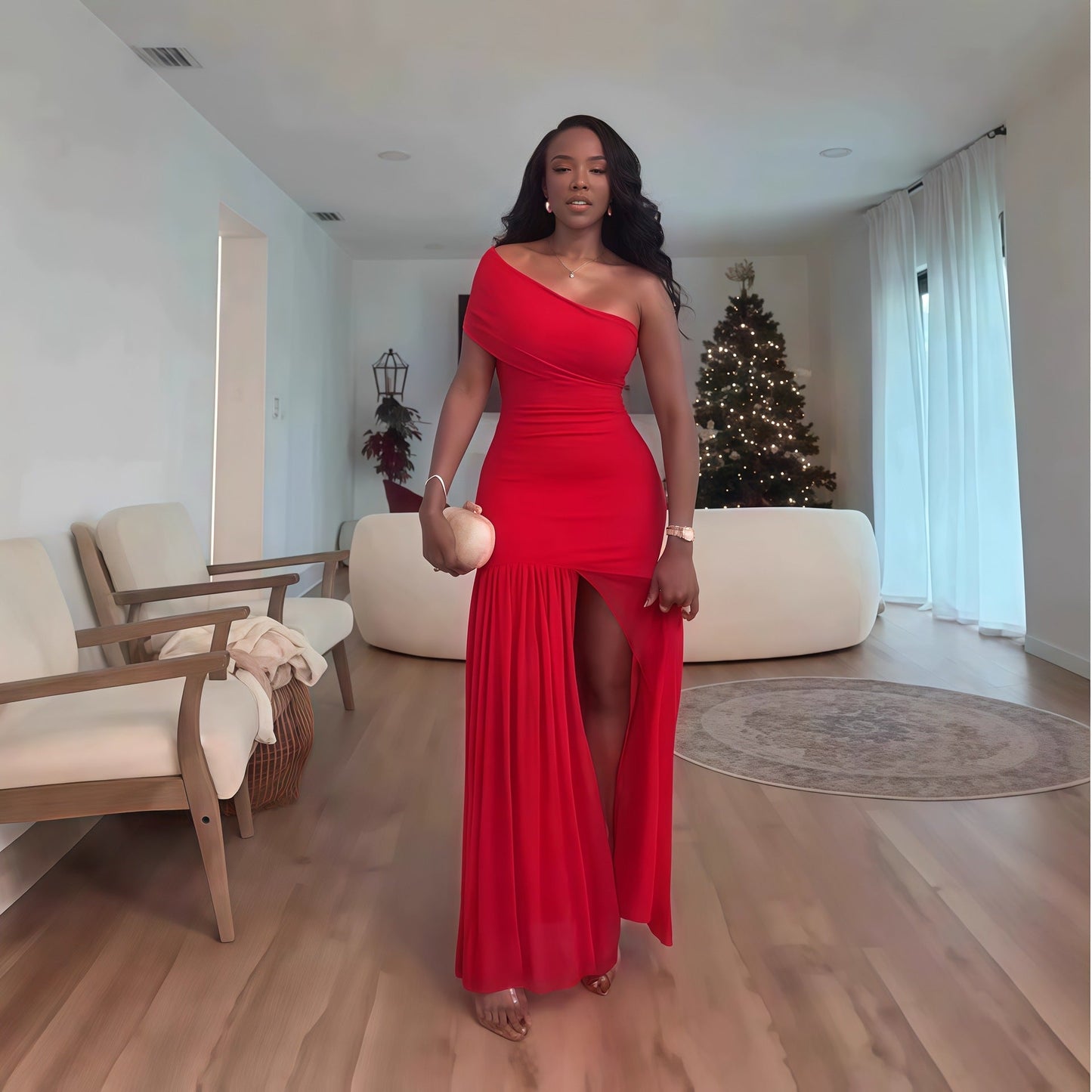 Sleeveless Diagonal Pleated Slit Dress