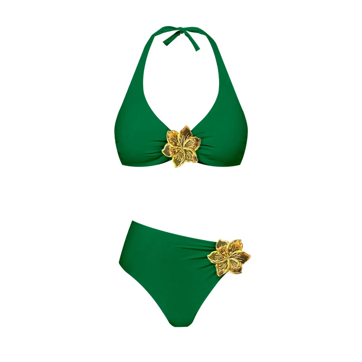 Green bikini set with gold floral details on a white background