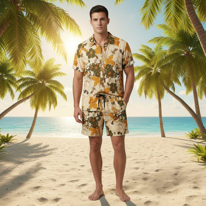 Men's Printed Button Up Shirt and Shorts Set
