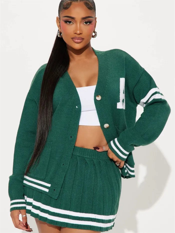 knitted long sleeved cardigan skirt set