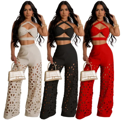 hollowed wide leg pants set