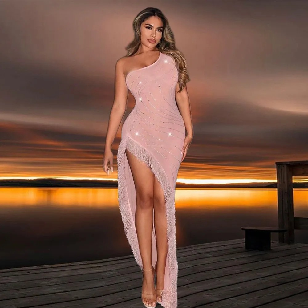 Hot stamping slanted shoulder dress