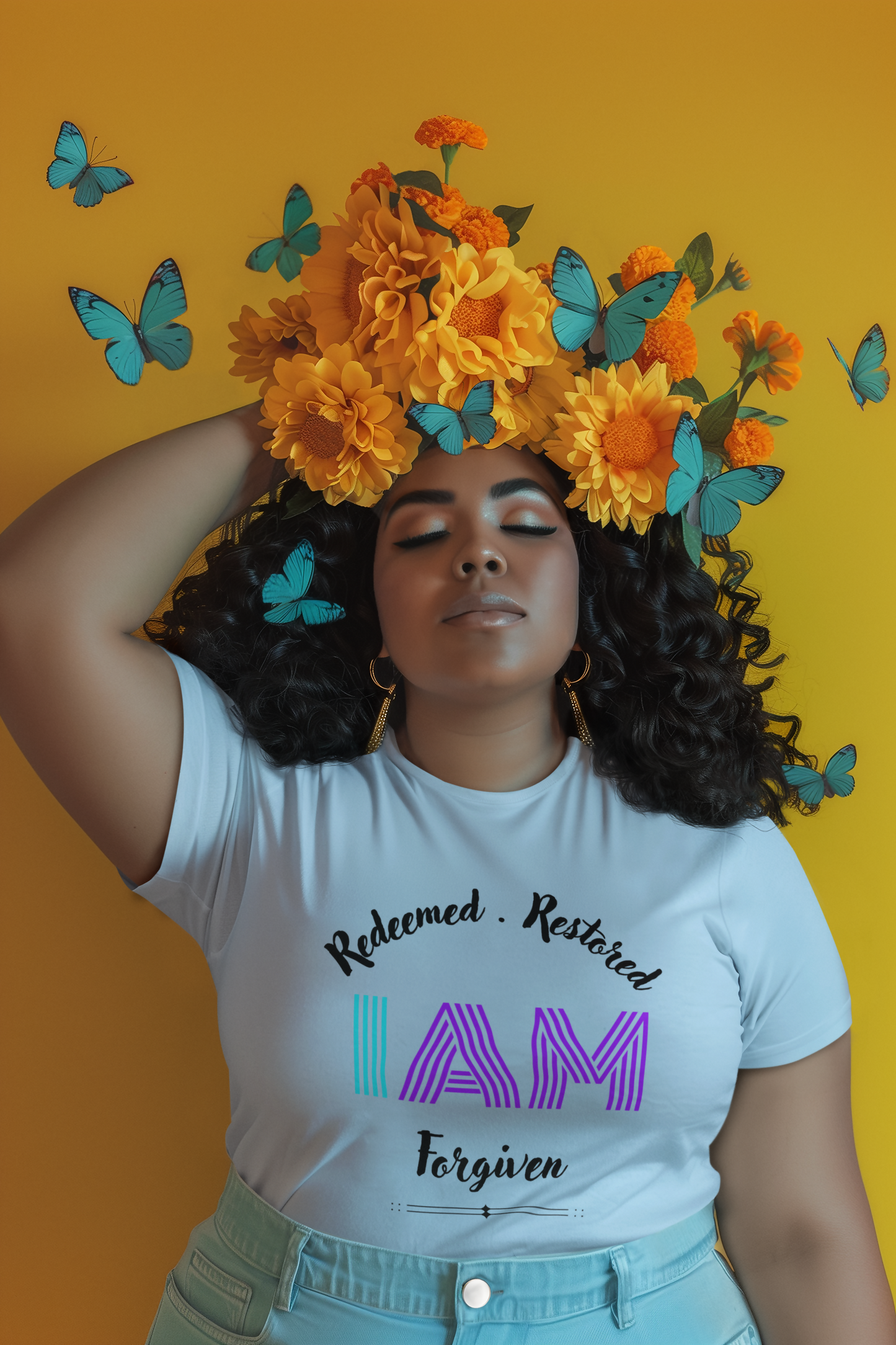 t-shirt-mockup-featuring-an-ai-generated-woman-posing-with-flowers-and-butterflies-in-her-head-m40575