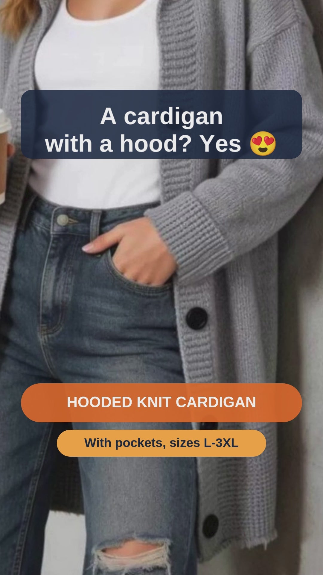 Plus Size Hooded Knit Cardigan with Pockets, L to 3XL - short video