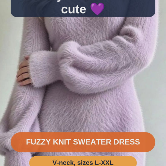Plus Size Fuzzy Knit Sweater Dress with V-Neck, L to XXL - short video