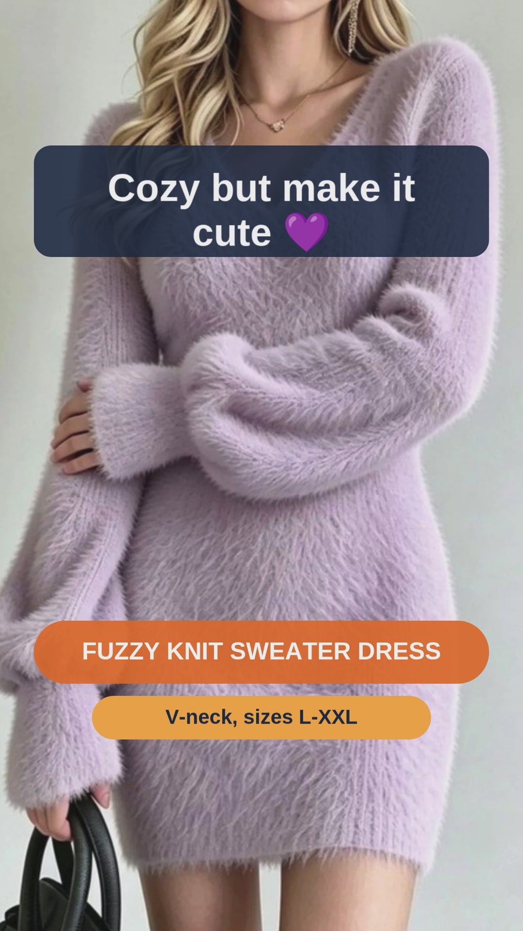 Plus Size Fuzzy Knit Sweater Dress with V-Neck, L to XXL - short video
