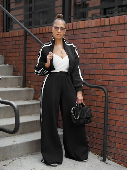 Striped zipper thick hoodie two-piece set