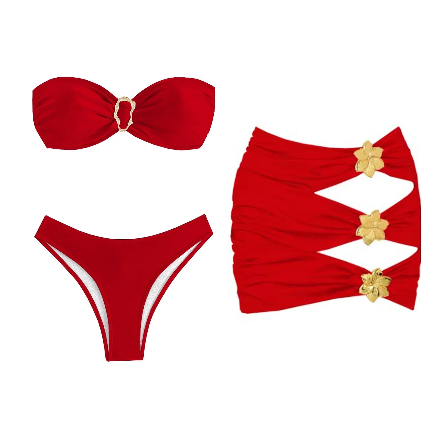 Red bikini set with gold floral details on a white background