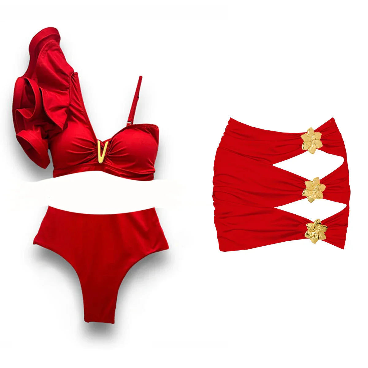 Red bikini set with gold accents on a white background