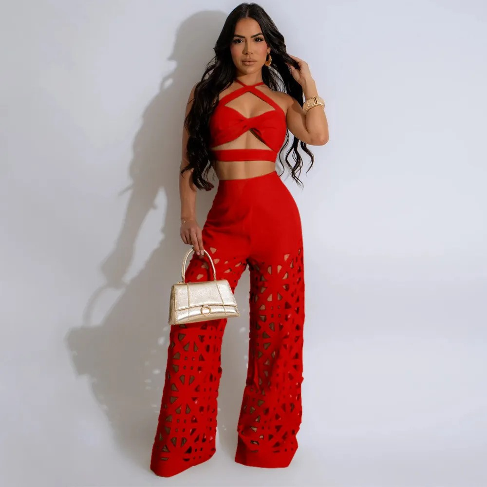 hollowed wide leg pants set