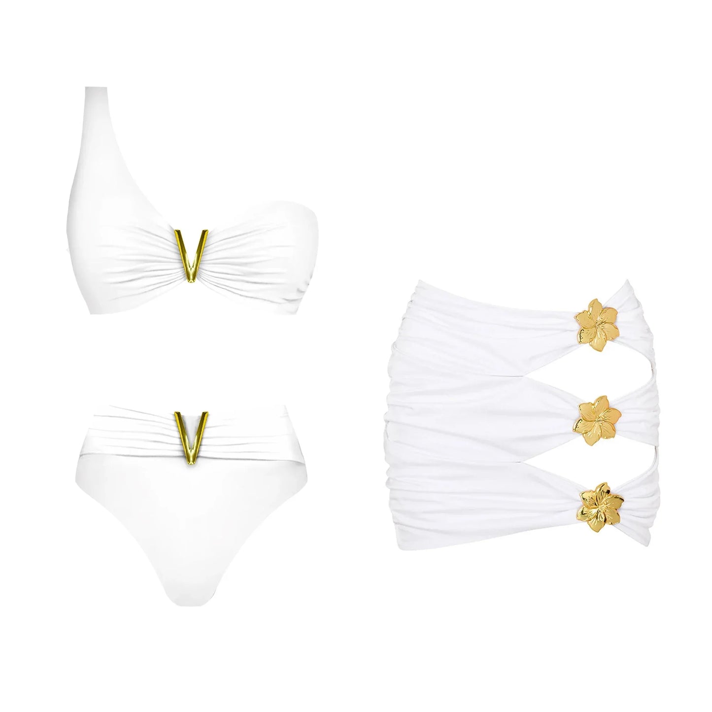 White bikini set with gold details on a white background