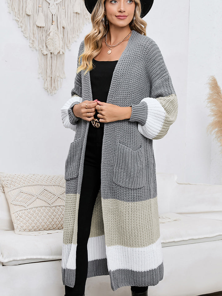 Color Block Long Sleeve Pocketed Cardigan - MONLANE