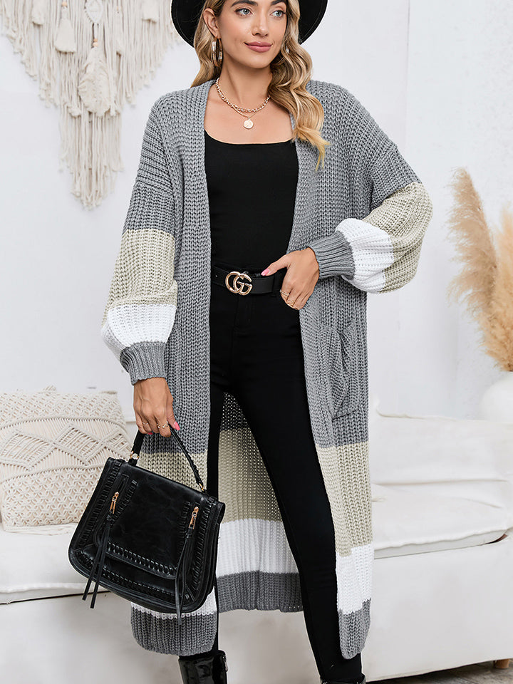 Color Block Long Sleeve Pocketed Cardigan - MONLANE