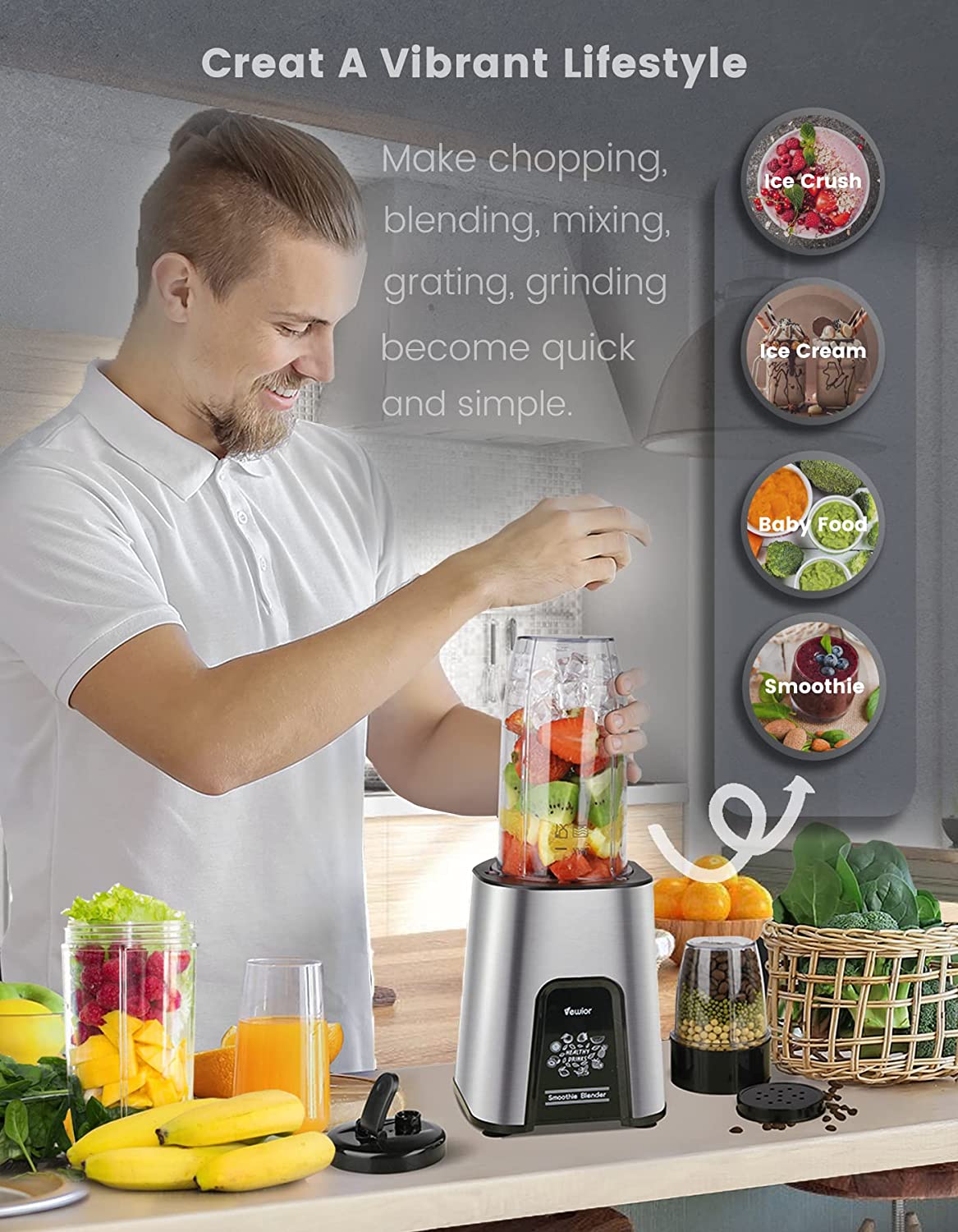 VEWIOR 1000W Smoothie Blender for Shakes and Smoothies, 11 Pieces Personal Blender for Kitchen, 2*23oz+10oz Blender Cups with To-Go Lids for Fruit Vegetables, Beans, Nuts, Spices(Shipment from FBA) - MONLANE