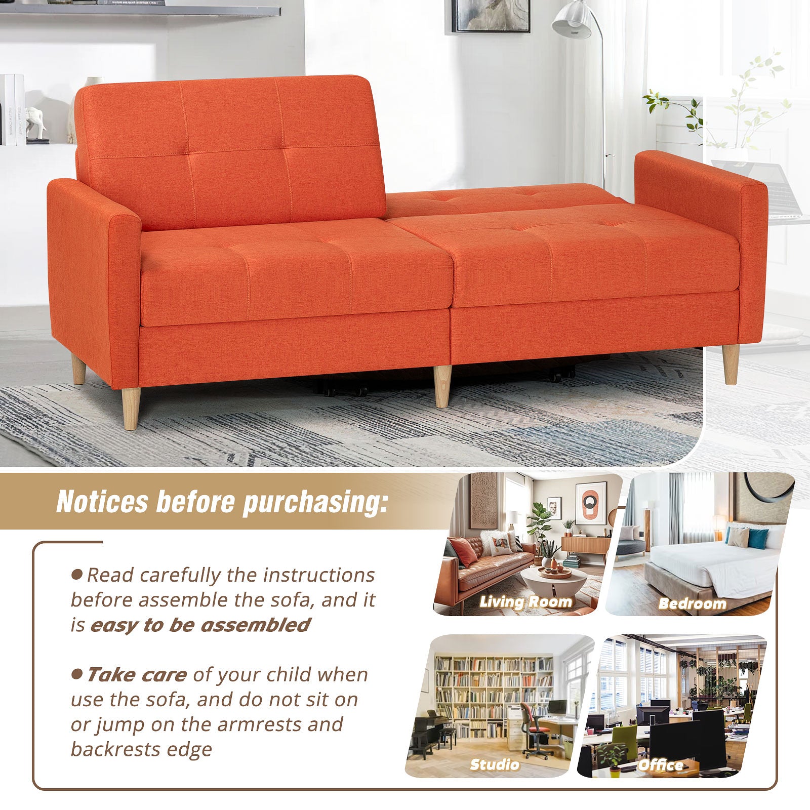 Linen Fabric Sofa Bed With Adjustable Backrest And Wooden Legs, Mordern Convertible Loveseat Couch For Your Living Room, Apartment, Office, Orange - MONLANE