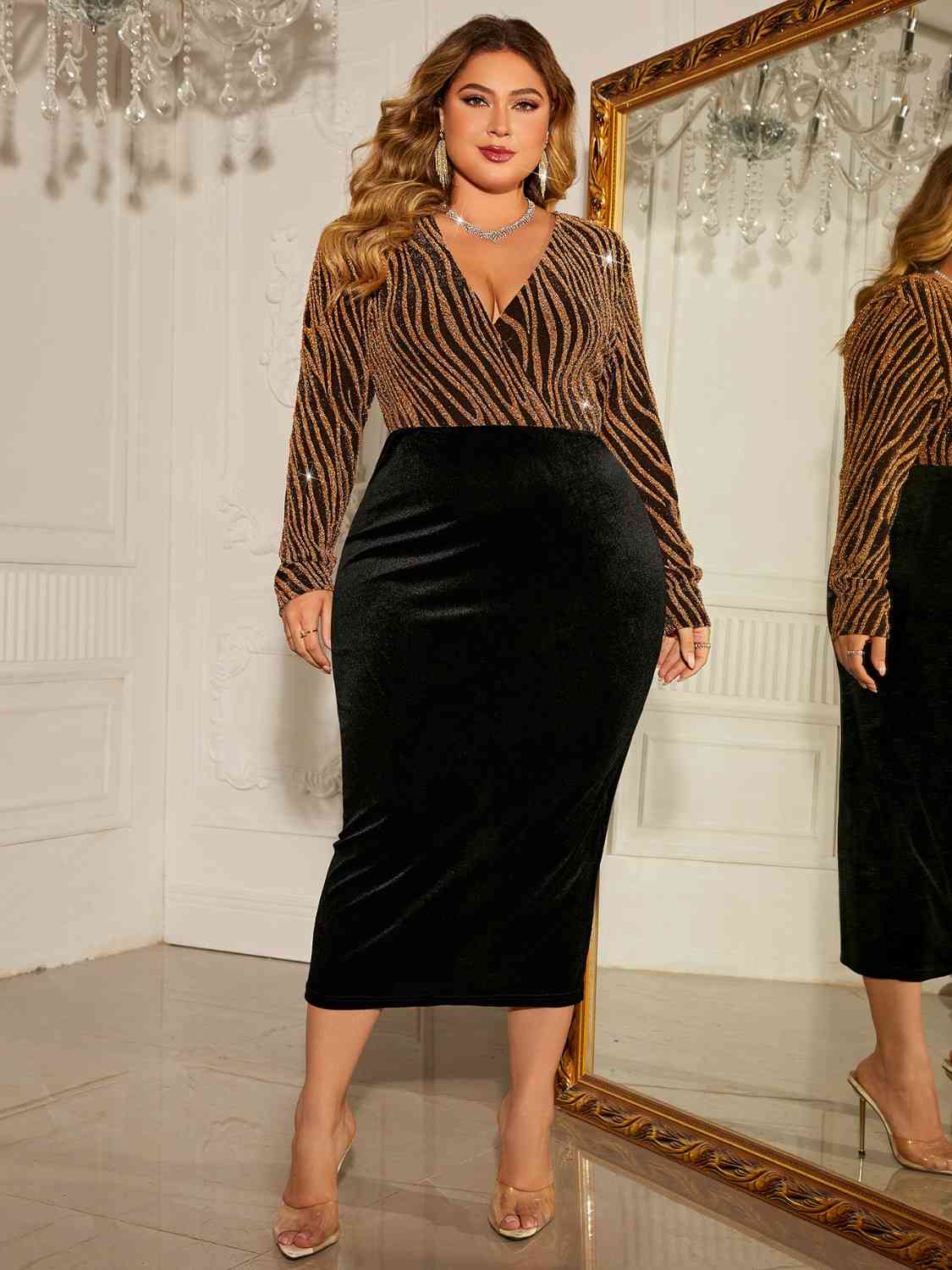 Plus Size Surplice Neck Long Sleeve Slit Dress - MONLANE