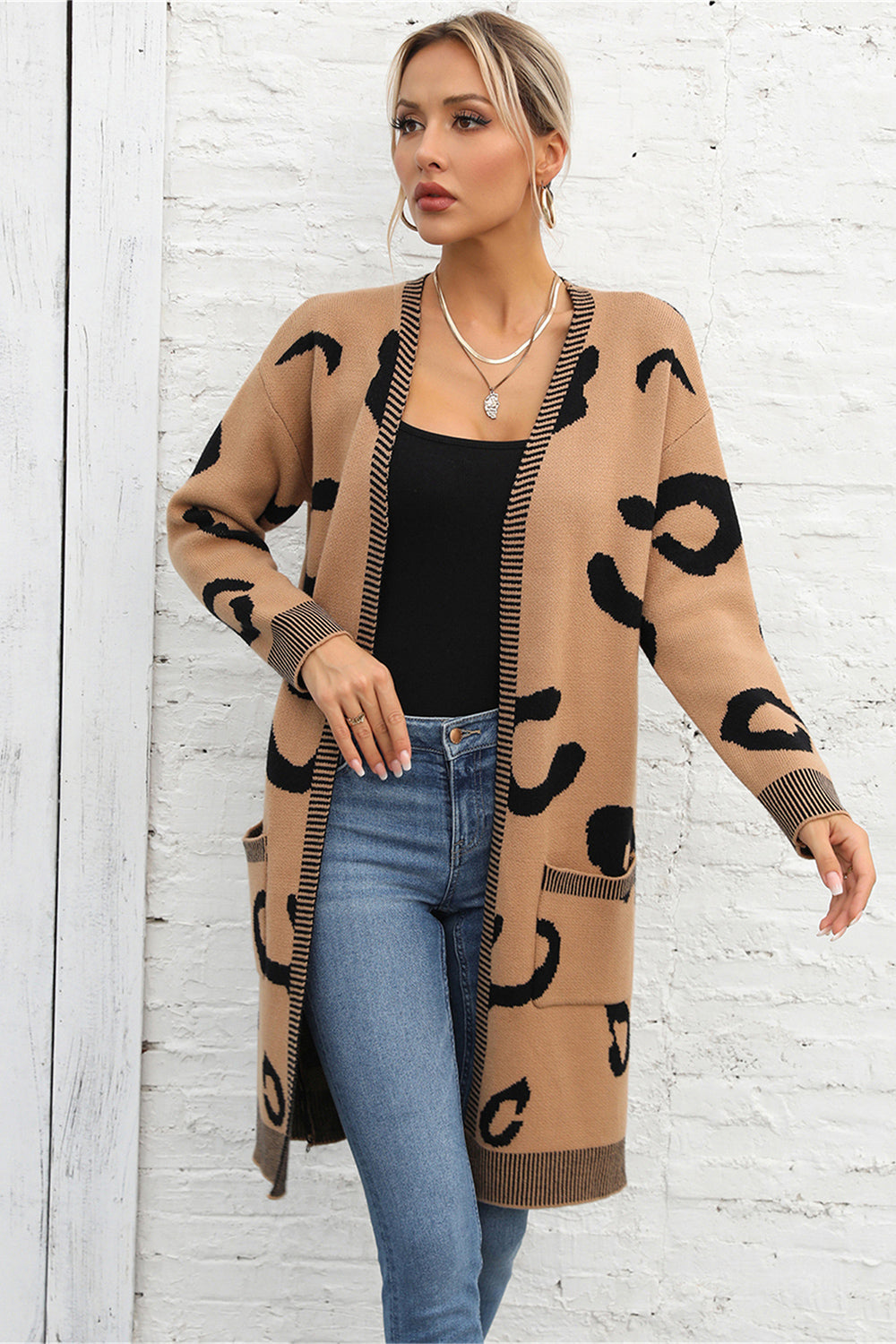 Printed Long Sleeve Cardigan with Pockets - MONLANE