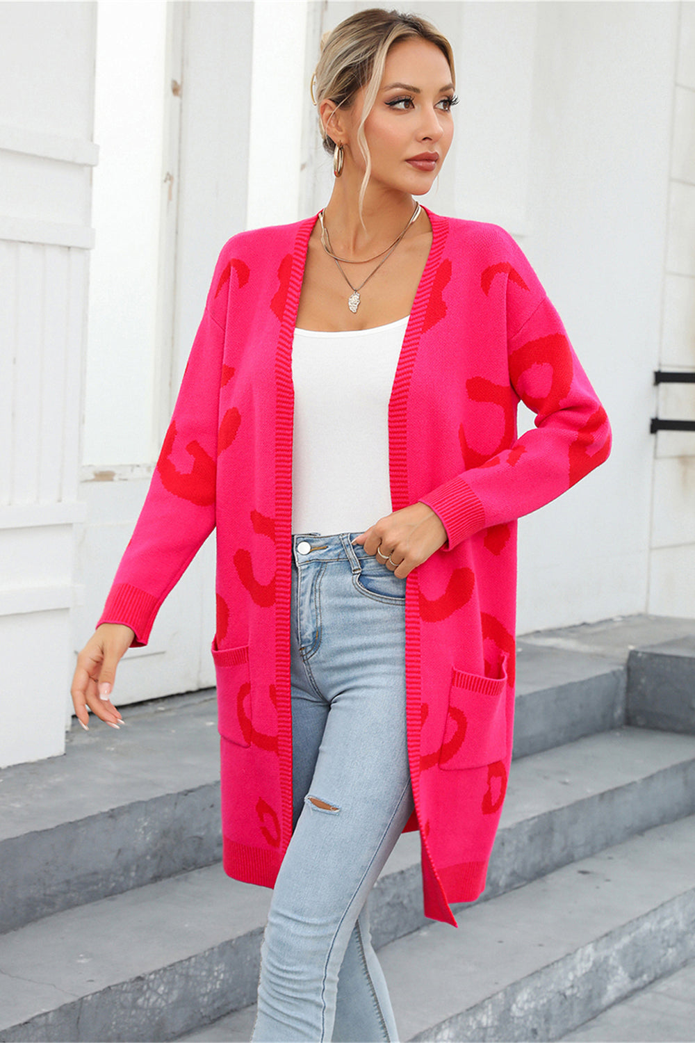 Printed Long Sleeve Cardigan with Pockets - MONLANE