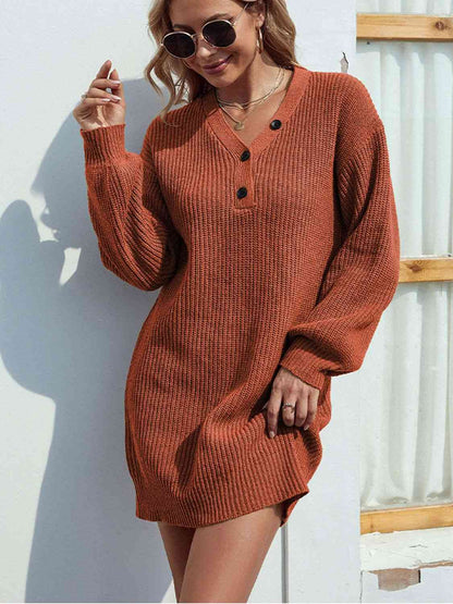 Buttoned V-Neck Sweater Dress - MONLANE