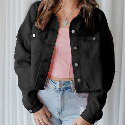 Distressed Raw Hem Dropped Shoulder Denim Jacket - MONLANE