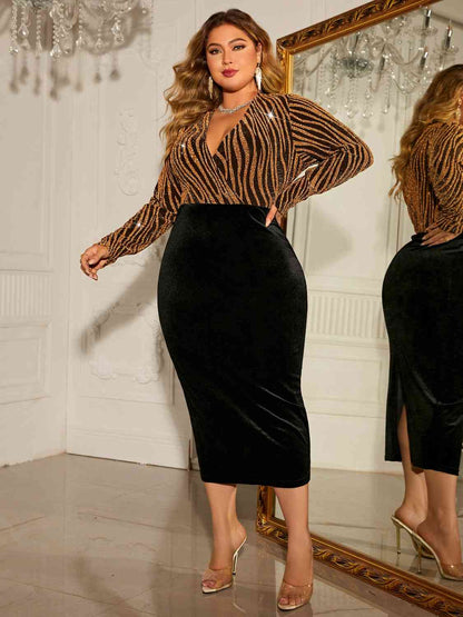 Plus Size Surplice Neck Long Sleeve Slit Dress - MONLANE