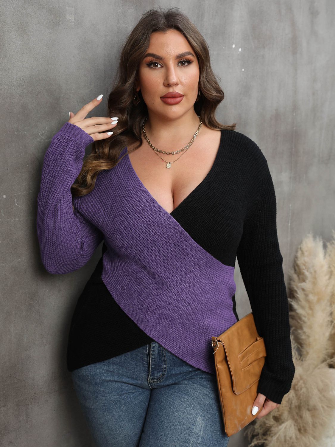 Plus Size Two-Tone Surplice Neck Sweater - MONLANE