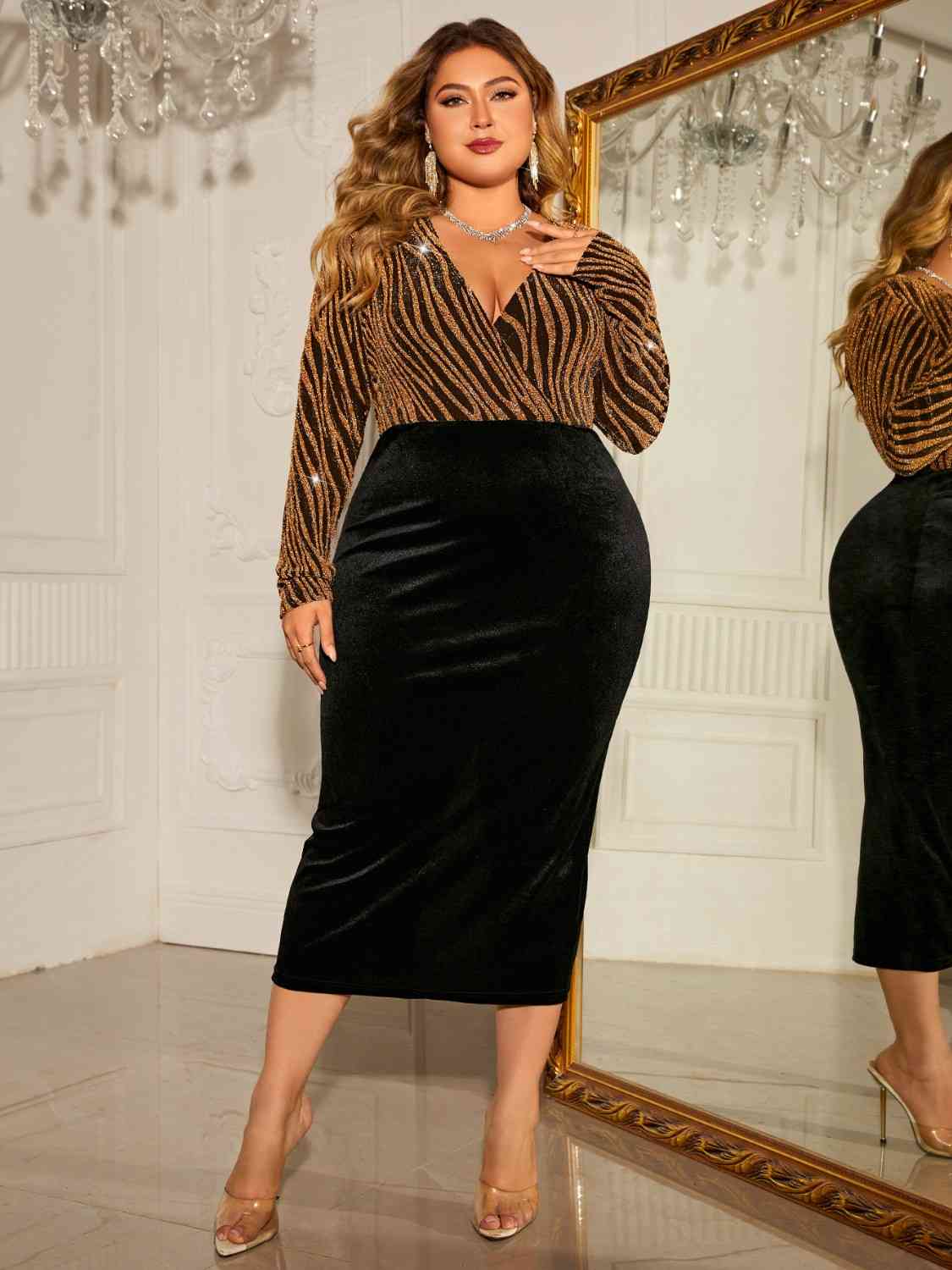 Plus Size Surplice Neck Long Sleeve Slit Dress - MONLANE